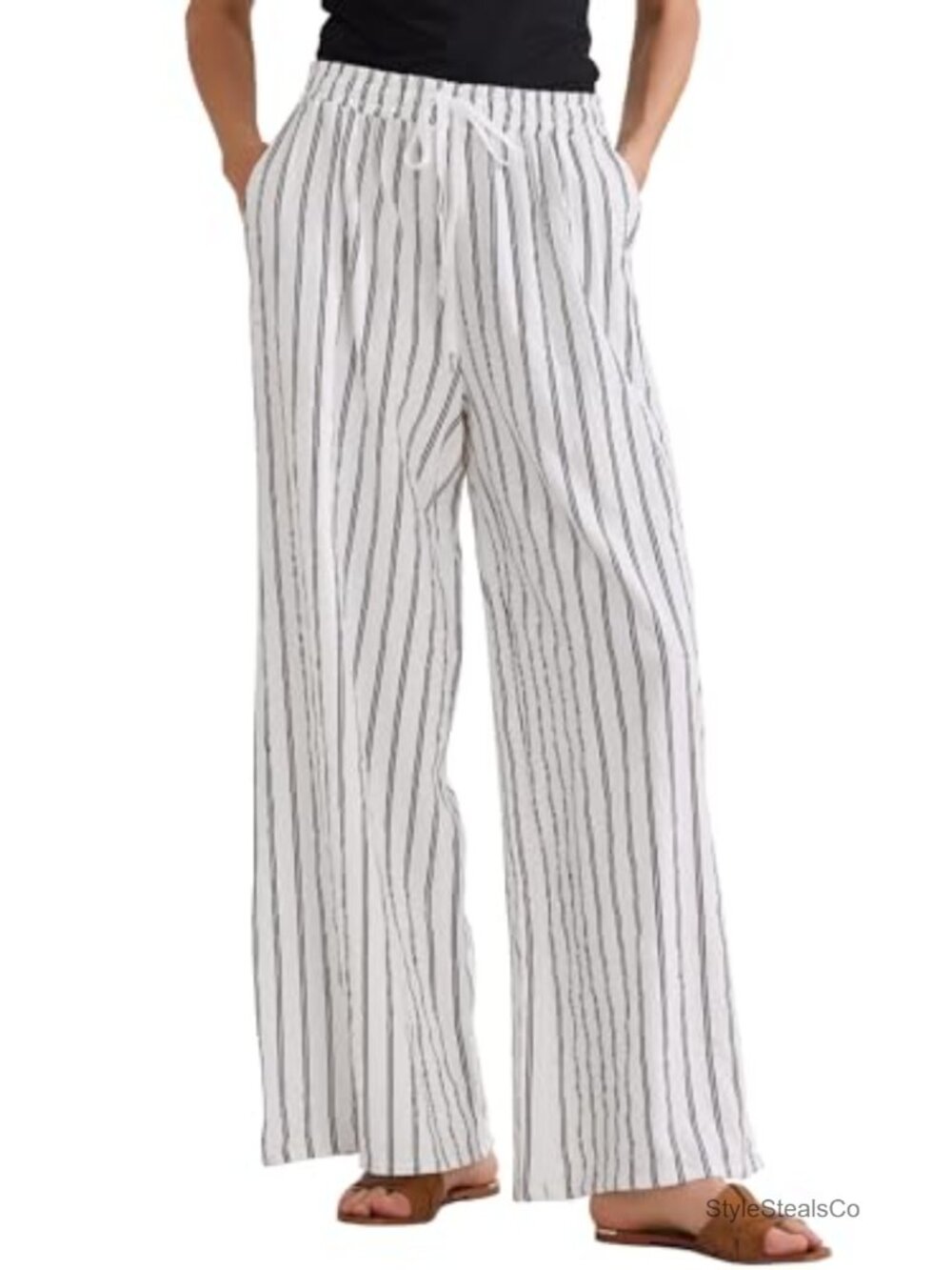 Cotton Stripe Palazzo Wide Leg Casual Drawstring Pants